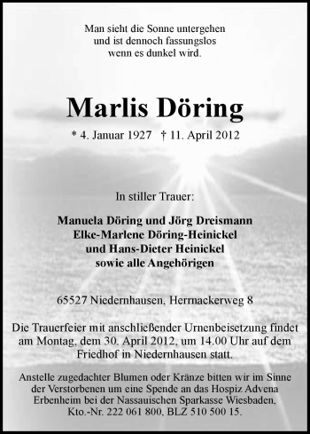 Todesanzeige von Marlis Döring von HNA