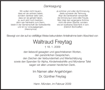 Todesanzeige von Waltraud Freytag von HNA