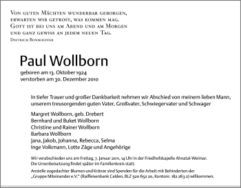 Todesanzeige von Paul Wollborn von HNA