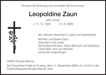 Todesanzeige von Leopoldine Zaun von HNA