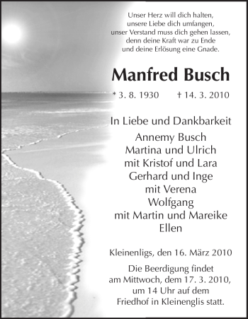 Todesanzeige von Manfred Busch von HNA