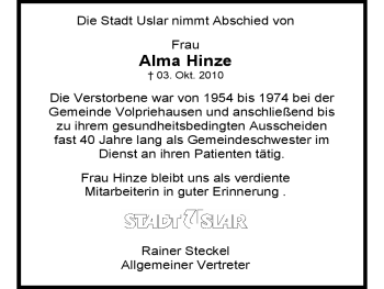 Todesanzeige von Alma Hinze von HNA
