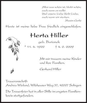Todesanzeige von Herta Hiller von HNA