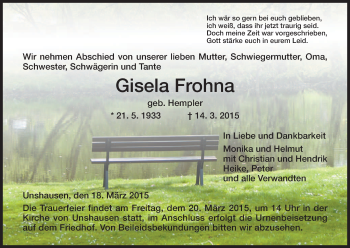 Todesanzeige von Gisela Frohna von HNA