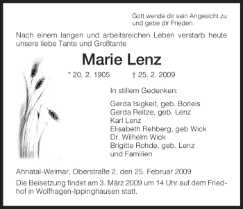 Todesanzeige von Marie Lenz von HNA