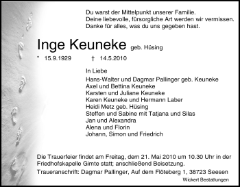 Todesanzeige von Inge Keuneke von HNA
