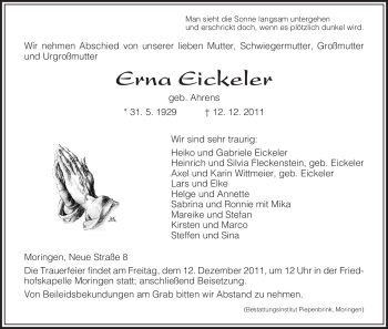 Todesanzeige von Erna Eickeler von HNA