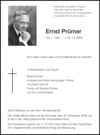 Todesanzeige von Ernst Prümer von HNA