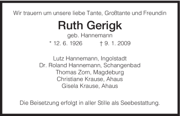 Todesanzeige von Ruth Gerigk von HNA