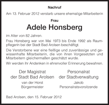 Todesanzeige von Adele Honsberg von HNA