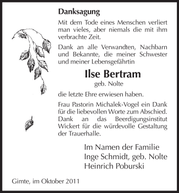 Todesanzeige von Ilse Bertram von HNA