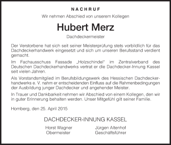 Todesanzeige von Hubert Merz von HNA