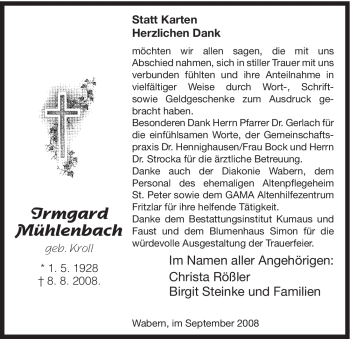 Todesanzeige von Irmgard Mühlenbach von HNA