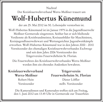 Todesanzeige von Wolf-Hubertus Künemund von HNA