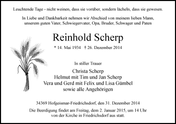 Todesanzeige von Reinhold Scherp von HNA
