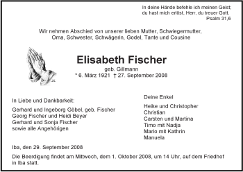Todesanzeige von Elisabeth Fischer von HNA
