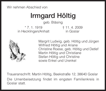 Todesanzeige von Irmgard Höltig von HNA