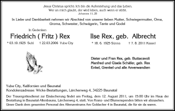 Todesanzeige von Friedrich Rex von HNA