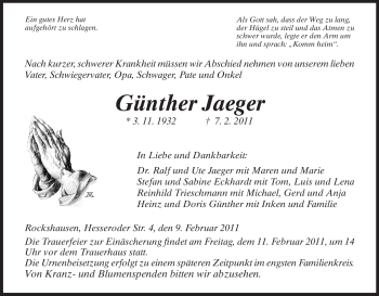 Todesanzeige von Günther Jaeger von HNA