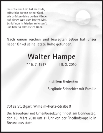Todesanzeige von Walter Hampe von HNA