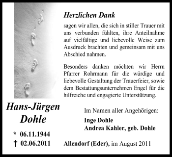 Todesanzeige von Hans-Jürgen Dohle von HNA