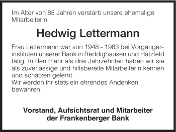 Todesanzeige von Hedwig Lettermann von HNA