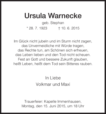 Todesanzeige von Ursula Warnecke von HNA