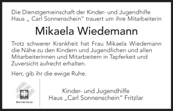 Todesanzeige von Mikaela Wiedemann von HNA