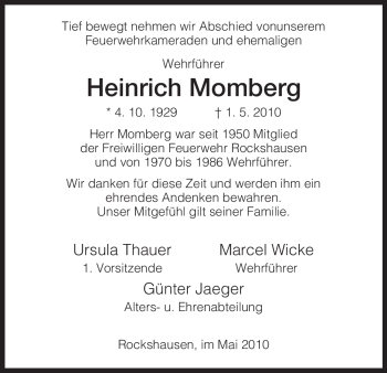 Todesanzeige von Heinrich Momberg von HNA