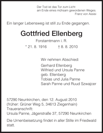 Todesanzeige von Gottfried Ellenberg von HNA