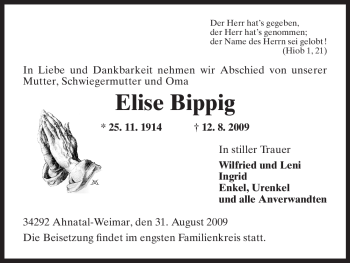Todesanzeige von Elise Bippig von HNA