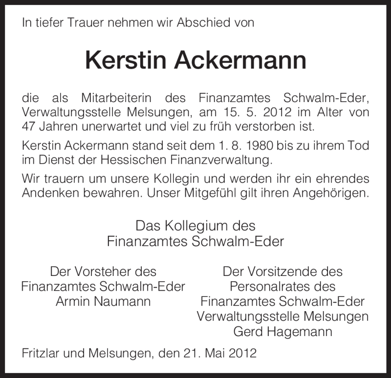  Traueranzeige für Kerstin Ackermann vom 22.05.2012 aus HNA