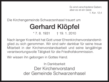 Todesanzeige von Gerhard Klöpfel von HNA