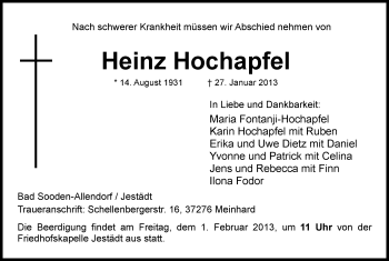 Todesanzeige von Heinz Hochapfel von HNA