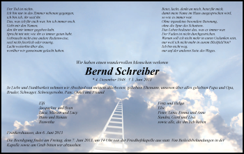 Todesanzeige von Bernd Schreiber von HNA