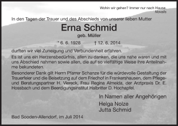 Todesanzeige von Erna Schmid von HNA