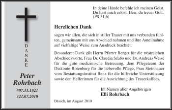 Todesanzeige von Peter Rohrbach von HNA