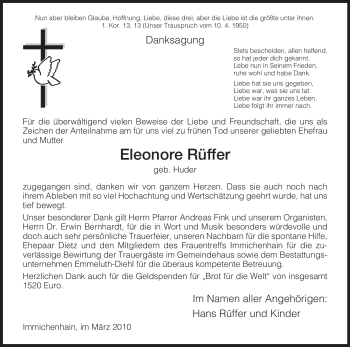 Todesanzeige von Eleonore Rüffer von HNA