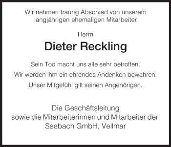 Todesanzeige von Dieter Reckling von HNA