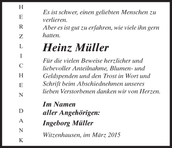 Todesanzeige von Heinz Müller von HNA