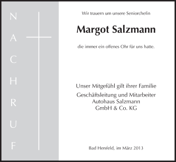 Todesanzeige von Margot Salzmann von HNA