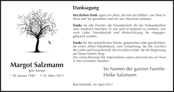 Todesanzeige von Margot Salzmann von HNA