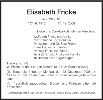 Todesanzeige von Elisabeth Fricke von HNA