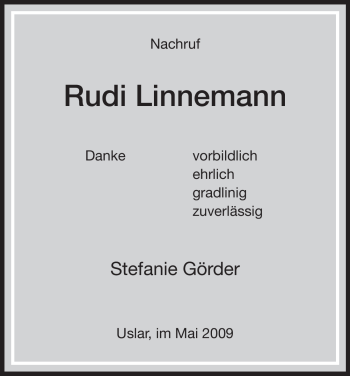 Todesanzeige von Rudi Linnemann von HNA
