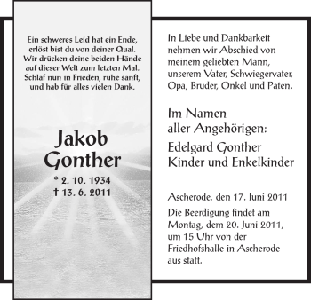 Todesanzeige von Jakob Gonther von HNA