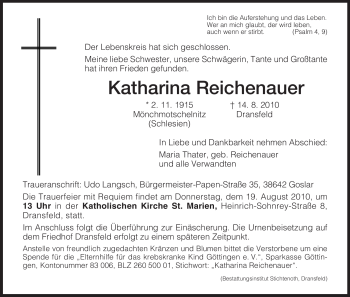 Todesanzeige von Katharina Reichenauer von HNA