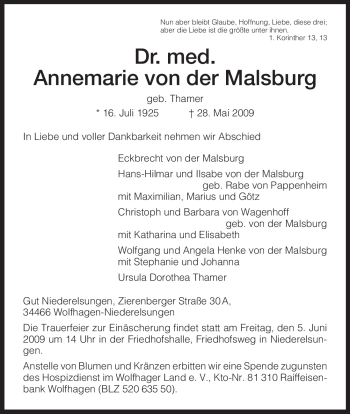 Todesanzeige von Annemarie von der Malsburg von HNA