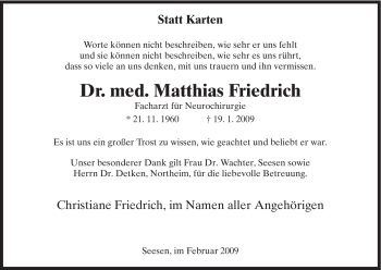 Todesanzeige von Matthias Friedrich von HNA