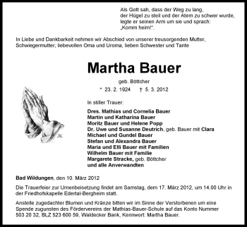 Todesanzeige von Martha Bauer von HNA