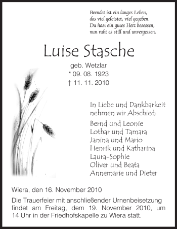 Todesanzeige von Luise Stasche von HNA